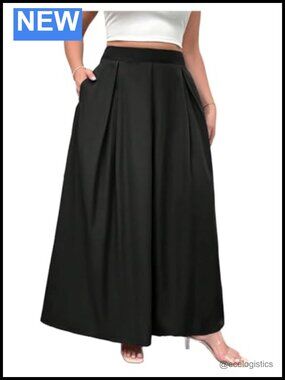 Plus Size Pleated Maxi Skirt High Waisted Chiffon A-Line with Pockets